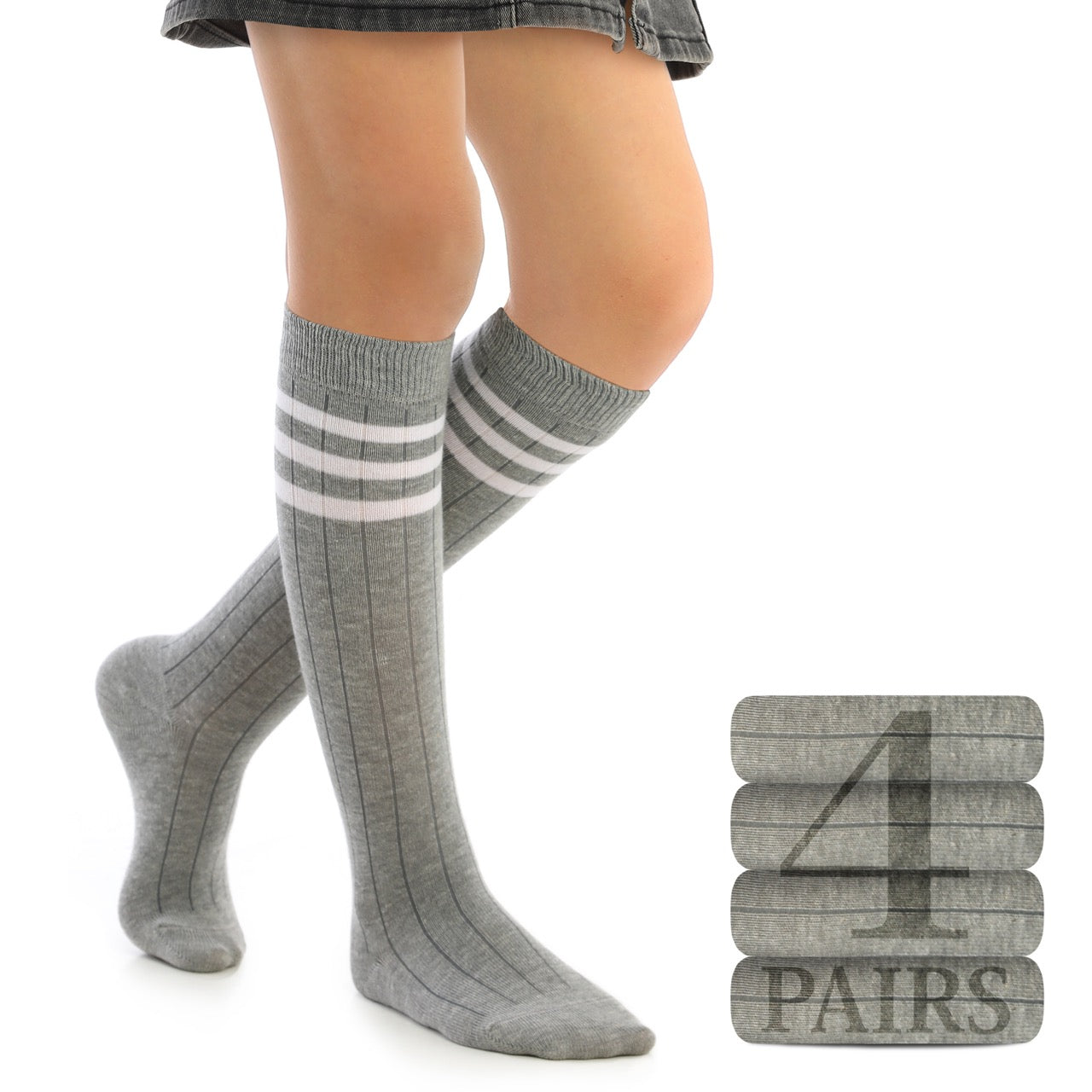 Women's Striped Cotton Dress Knee-High Socks, 4 Pairs