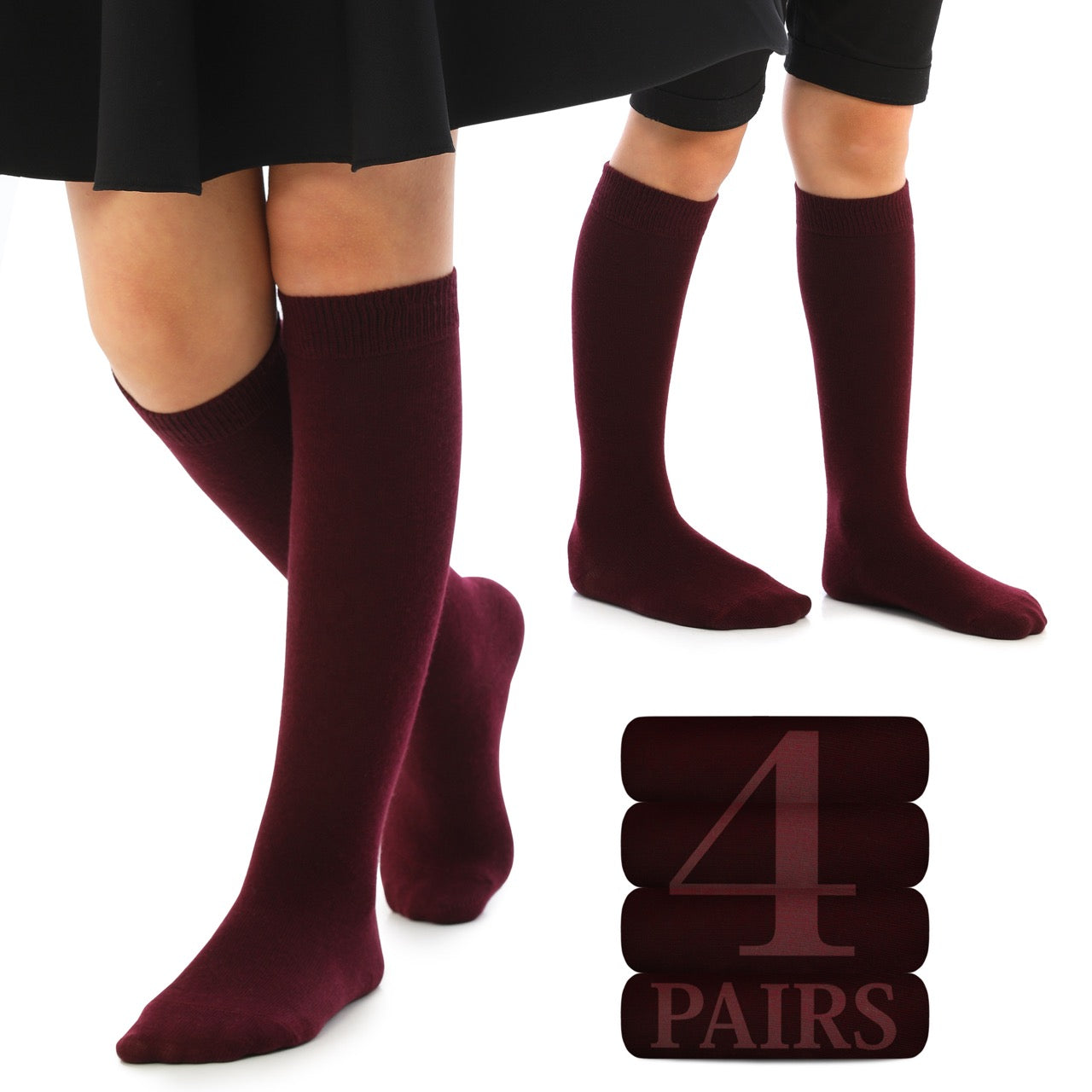 Kids' Plain Cotton Dress Knee-High Socks, 4 Pairs