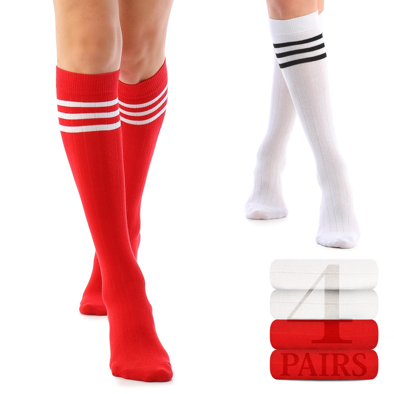 Women's Striped Cotton Dress Knee-High Socks, 4 Pairs