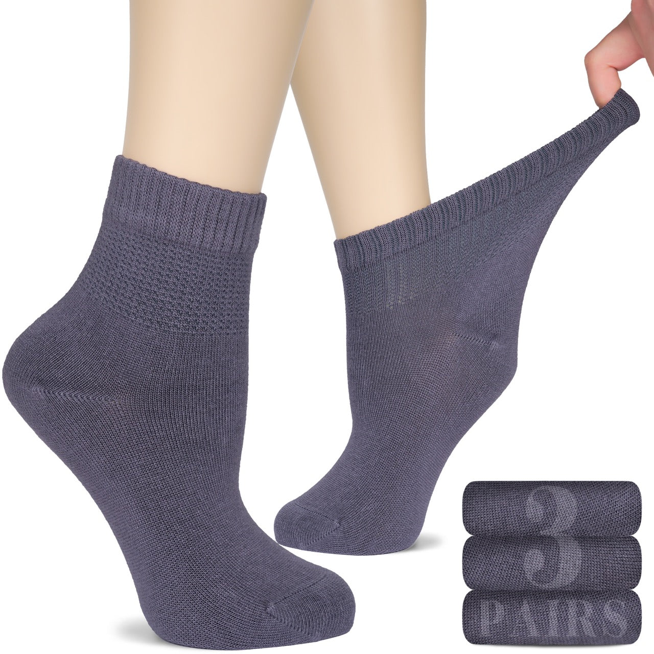 Women's Comfortable Diabetic Bamboo Ankle Socks for Swollen Legs, 3 Pairs