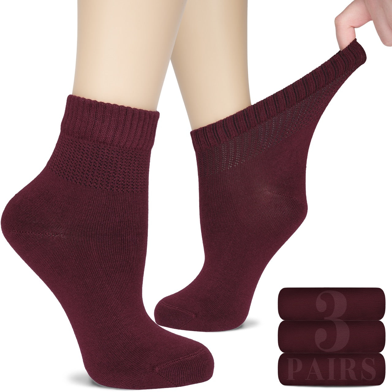 Women's Comfortable Diabetic Bamboo Ankle Socks for Swollen Legs, 3 Pairs