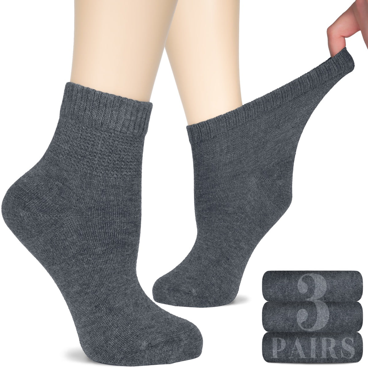 Women's Comfortable Diabetic Bamboo Ankle Socks for Swollen Legs, 3 Pairs