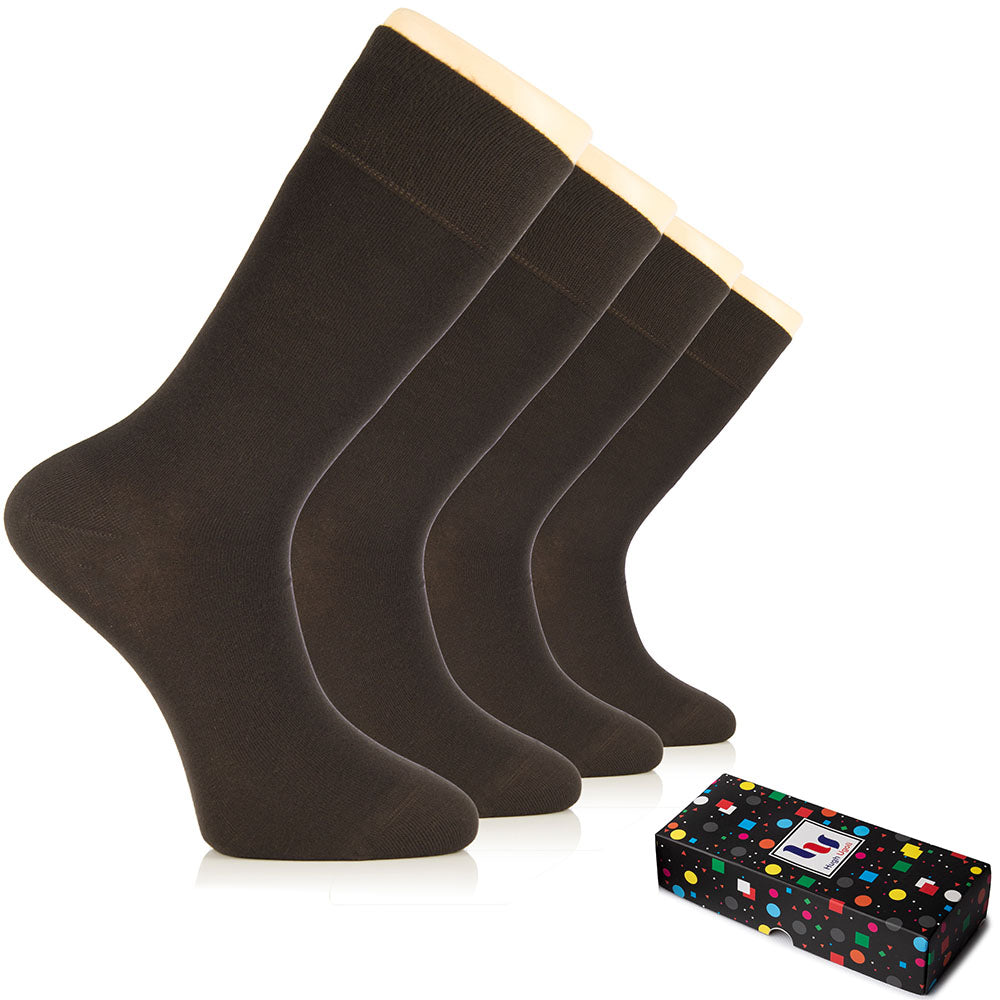 Dark brown men’s bamboo dress socks by Hugh Ugoli, elegant design with soft and moisture-wicking bamboo fiber.