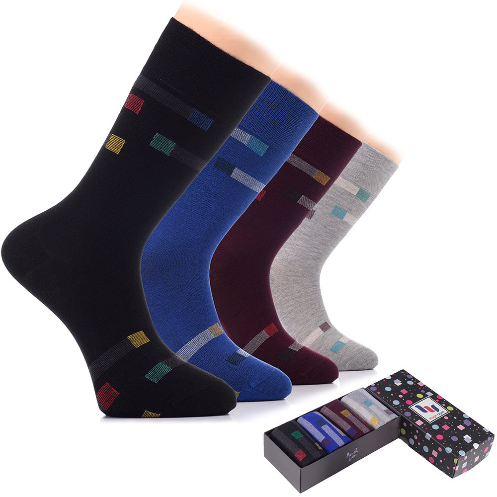 Set of Hugh Ugoli men’s bamboo dress socks in square pattern (model 3), soft, breathable, and elegant for business wear.