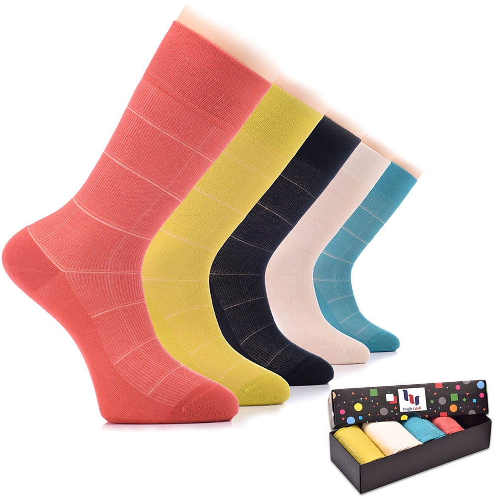A box containing six pairs of Bamboo Dress Funky Socks, each pair featuring a unique and vibrant color scheme, perfect for adding a pop of color to any outfit.