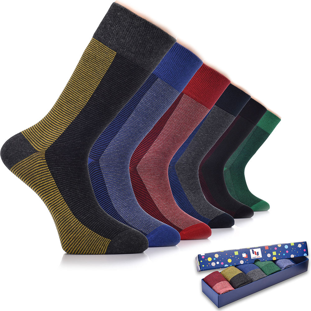 A box containing six pairs of men's socks made of fancy cotton dress crew material. Perfect for formal occasions and adding a touch of sophistication to any outfit.