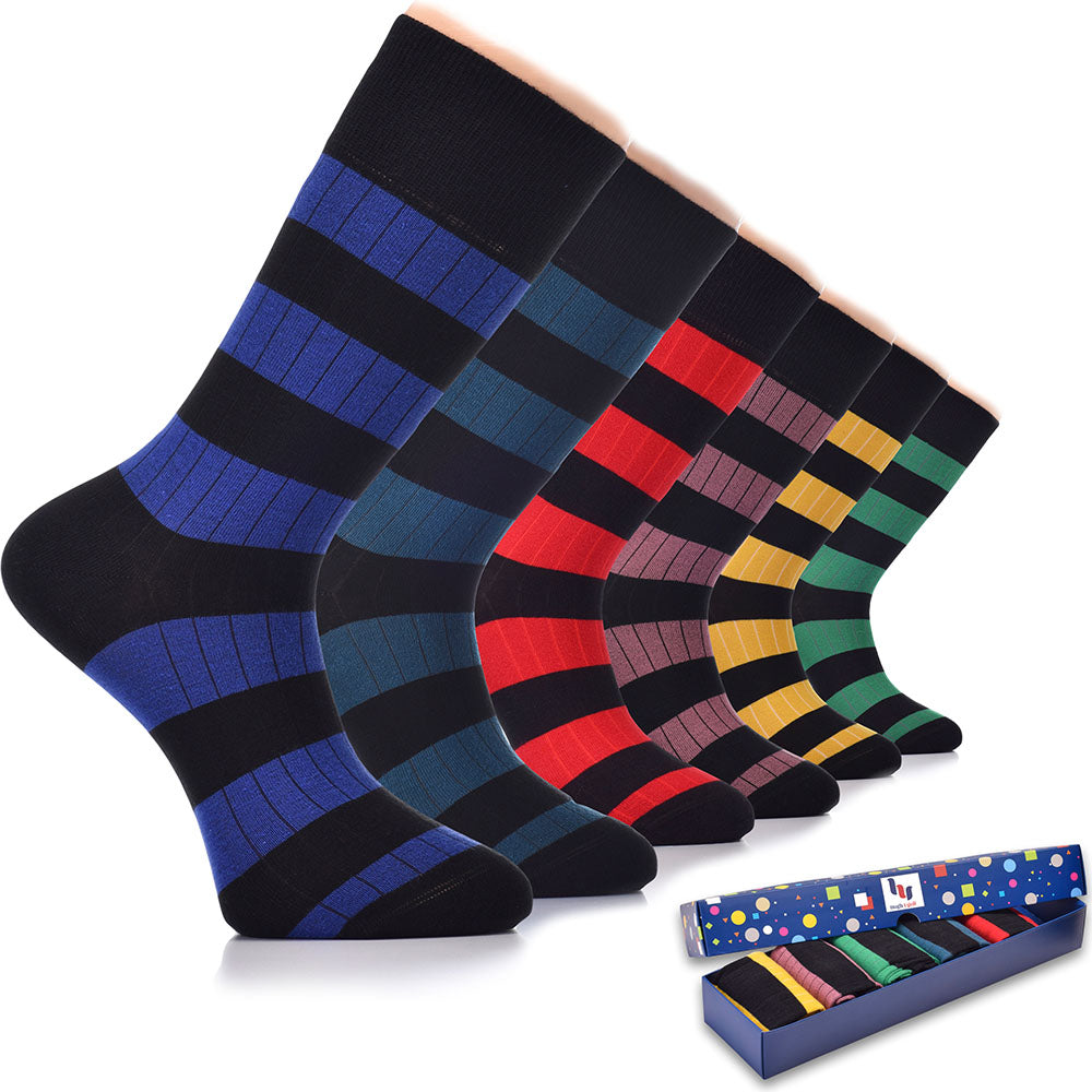These Fancy Cotton Dress Crew socks come in six pairs of black, blue, red, green, and yellow stripes. Perfect for adding a pop of color to any outfit.