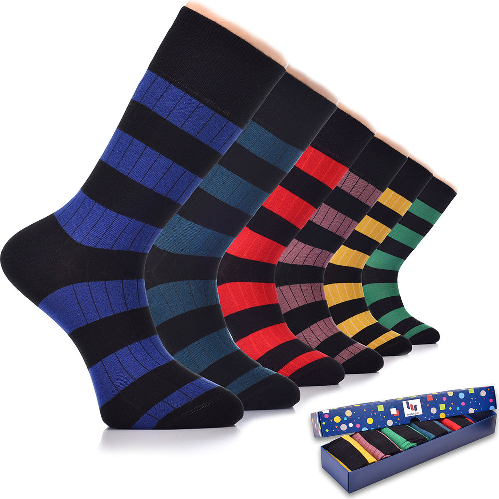 Hugh Ugoli Men Cotton Dress Socks for Business, Trouser | Patterned, Colorful Crew Socks in Gift Box, 6 Pairs, Stripe, Shoe Size: 7-12 Hugh Ugoli Men Cotton Dress Socks for Business, Trouser | Patterned, Colorful Crew Socks in Gift Box, 6 Pairs, Stripe, Shoe Size: 7-12