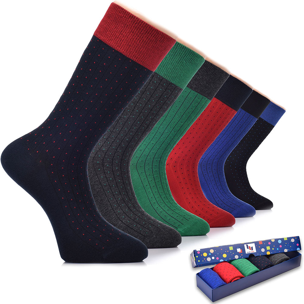 A box containing six pairs of men's socks made of fancy cotton dress crew material. Perfect for formal occasions and adding a touch of sophistication to any outfit.