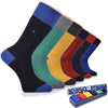 A box containing six pairs of men's socks made of fancy cotton dress crew socks. Perfect for formal occasions and everyday wear.