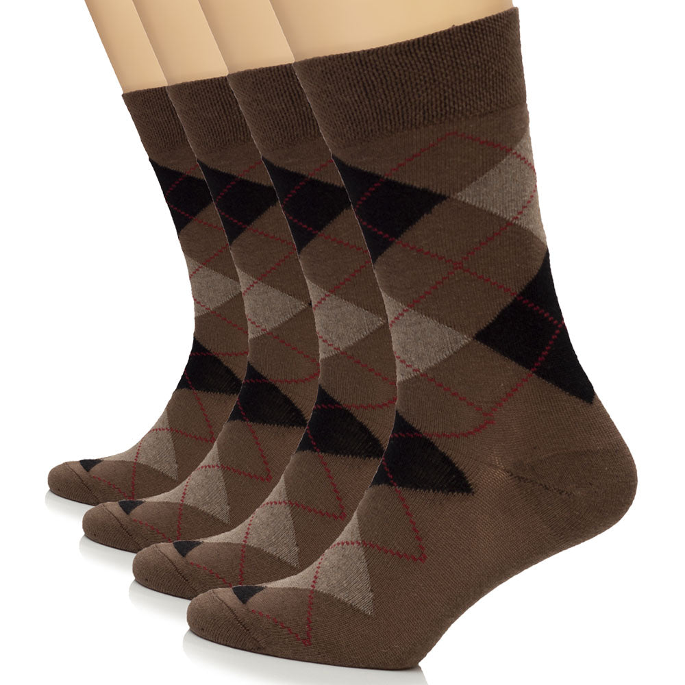 These Colorful Cotton Socks feature a classic argyle pattern in brown and black, perfect for any formal occasion.