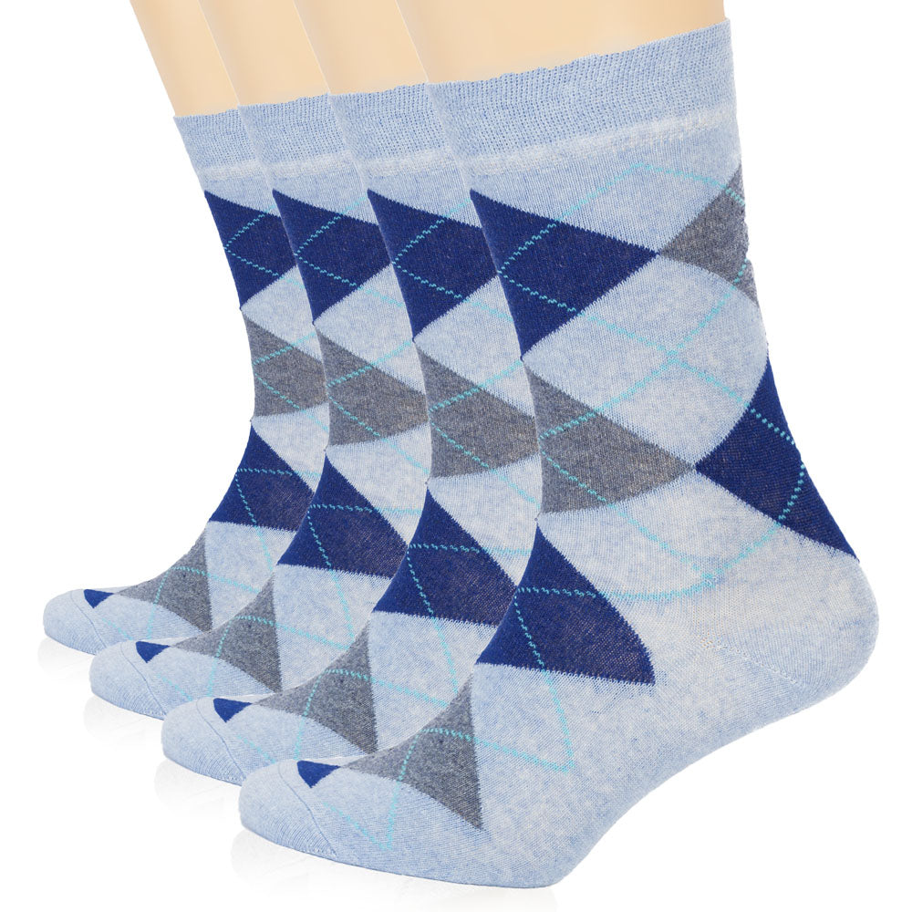 These Colorful Cotton Socks feature a classic argyle pattern in blue and grey, perfect for any formal occasion.