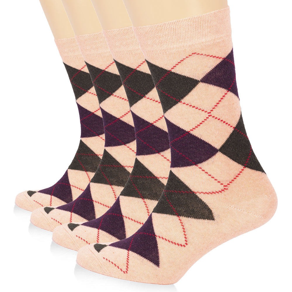 Colorful Cotton Dress Crew Argyle Socks for Women, 4 Pairs