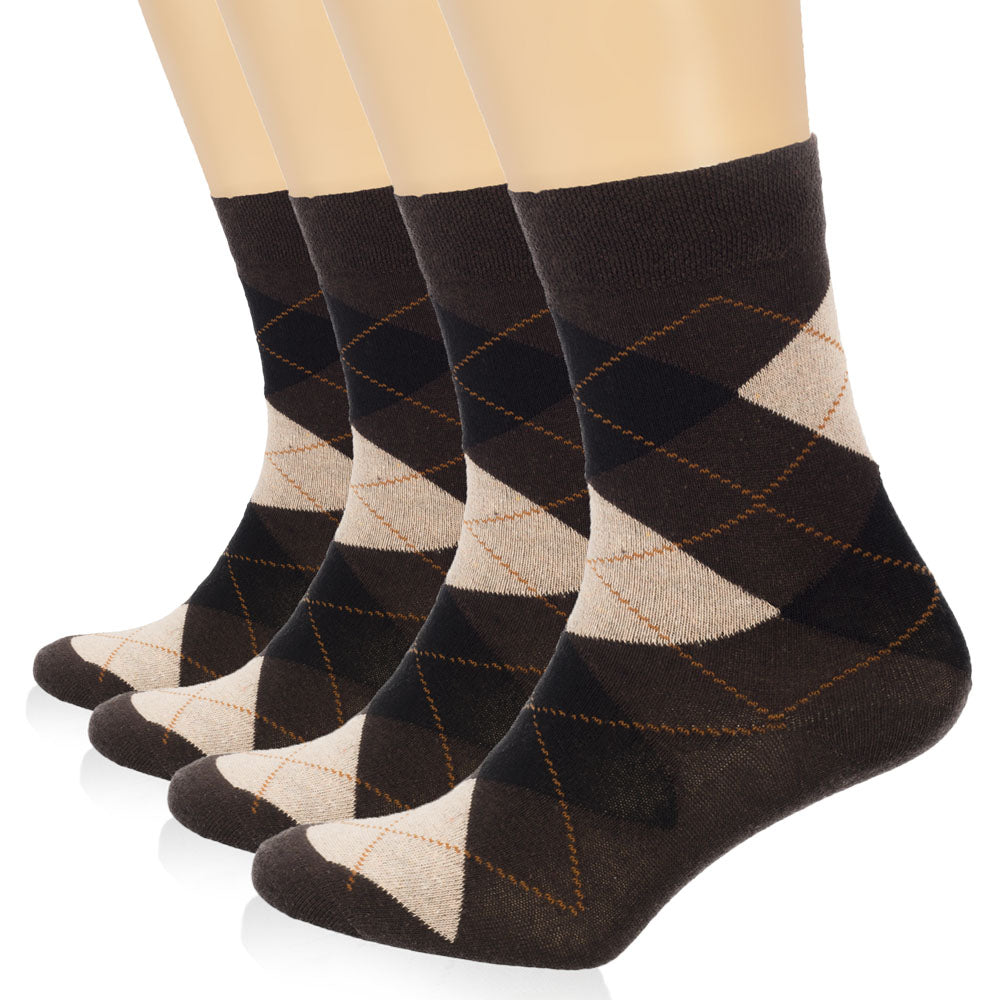 These Colorful Cotton Socks feature a classic argyle pattern in brown and black, perfect for any formal occasion.