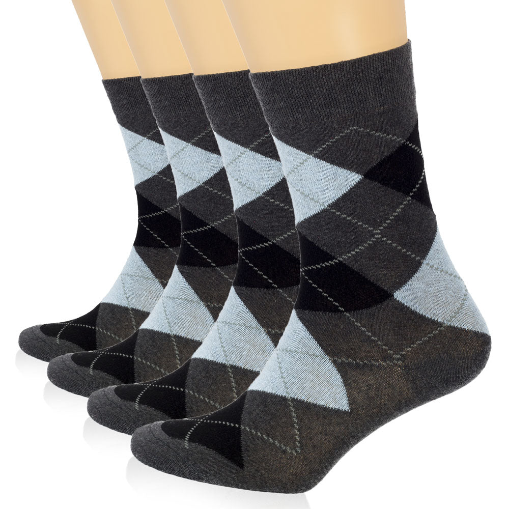 These Colorful Cotton Socks feature a classic argyle pattern in black and gray, perfect for any formal occasion.