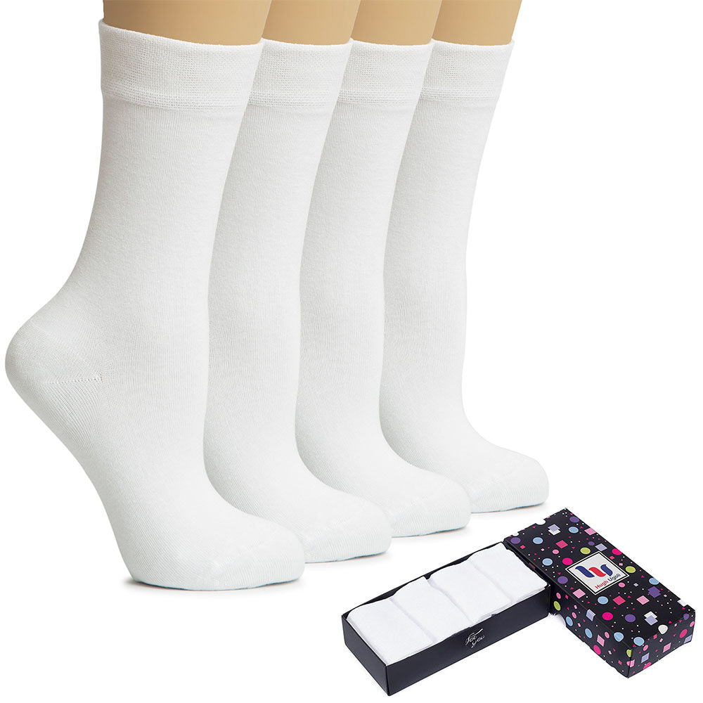 A gift box containing two pairs of women's cotton crew socks in white. Perfect for any occasion.