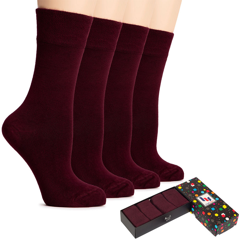 Image of two pairs of Women's Cotton Crew Socks in burgundy color, neatly arranged in a box.