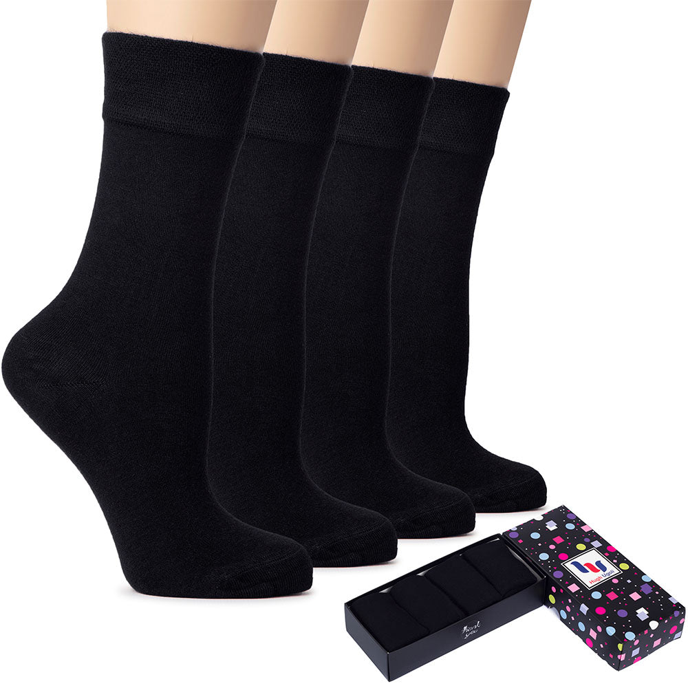 Elevate your sock game with these Women's Cotton Crew Socks in Black color, presented in a box of three pairs for your convenience.
