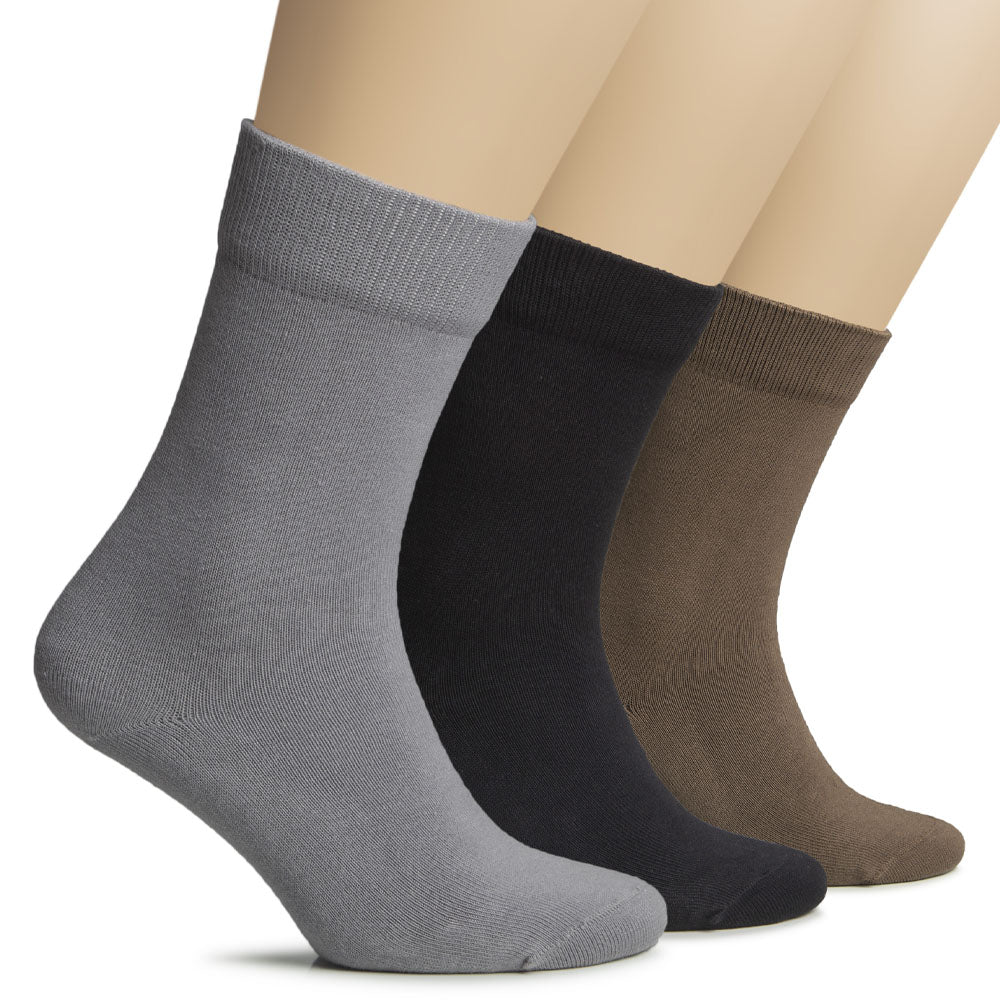 Set of three Hugh Ugoli women’s thick cotton winter socks in gray, black, and brown, designed for warmth and comfort.