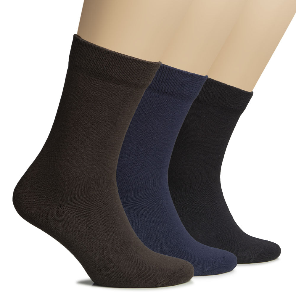 Set of three Hugh Ugoli women’s cotton crew socks in dark brown, navy blue, and black for classic everyday wear.
