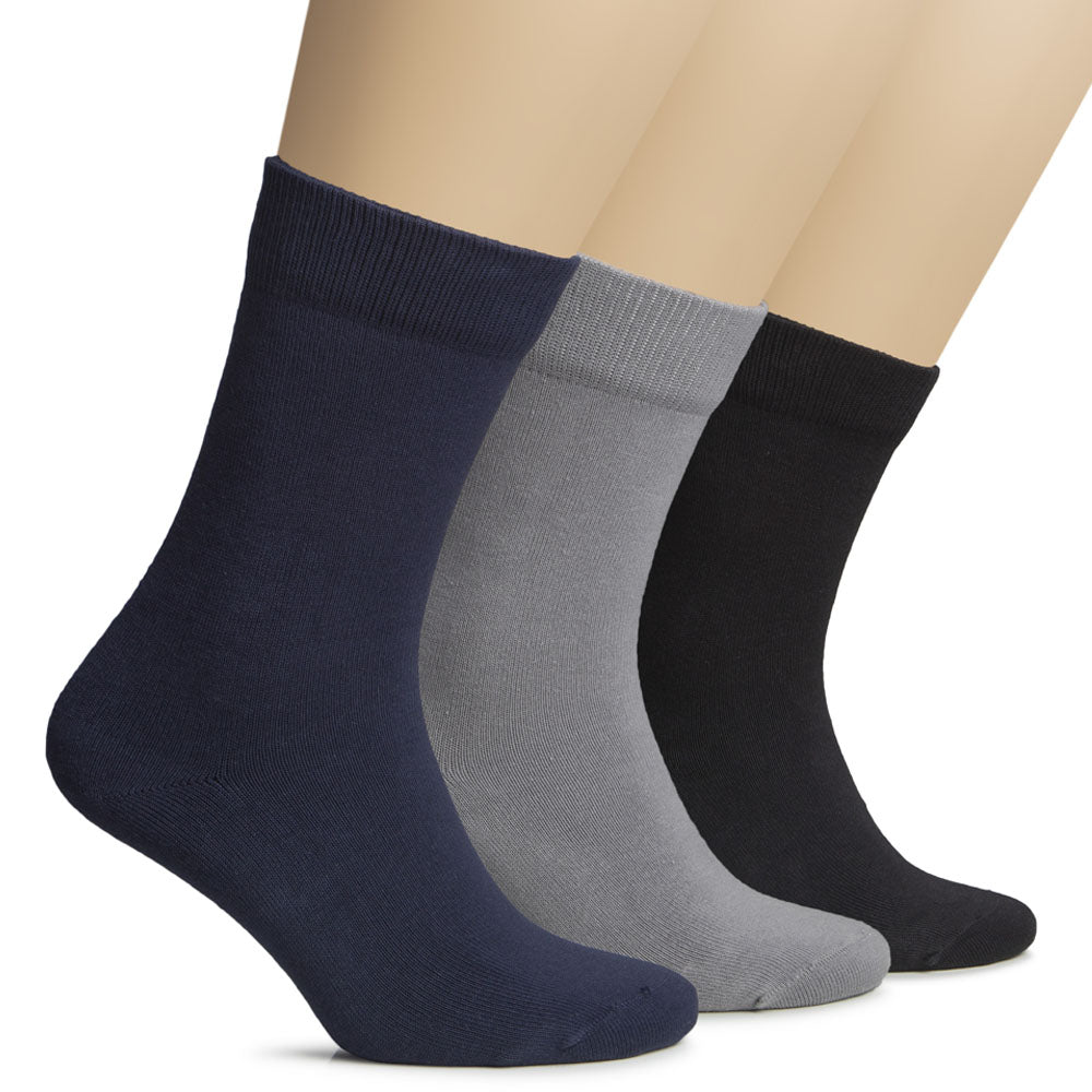 Trio pack of Hugh Ugoli cotton crew socks for women in navy blue, grey, and black tones.