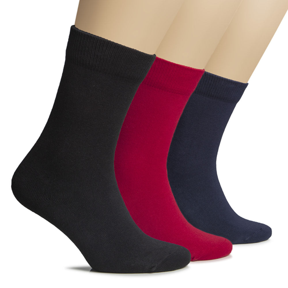 This image depicts three women's socks in blue, red, and black. They are Women's Winter Cotton Crew Socks, perfect for the colder months.