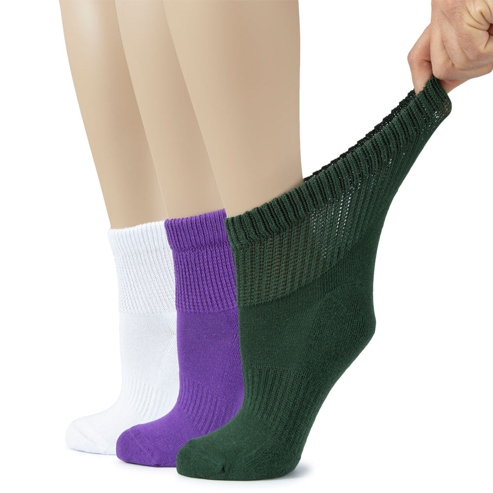 Women's Cotton Diabetic Ankle Socks in White, Purple, and Army Green colors, sold in sets of three.