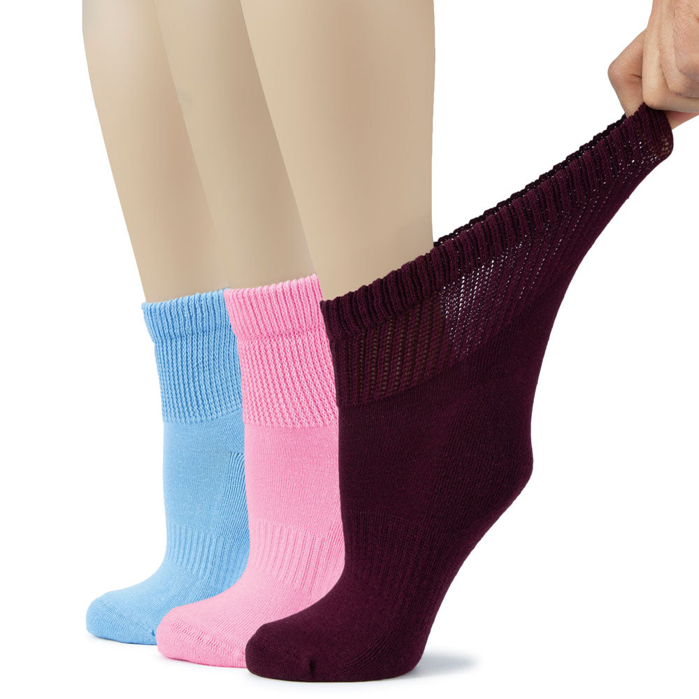 This image depicts three Women's Cotton Diabetic Ankle Socks in Blue, Pink, and Burgundy colors.