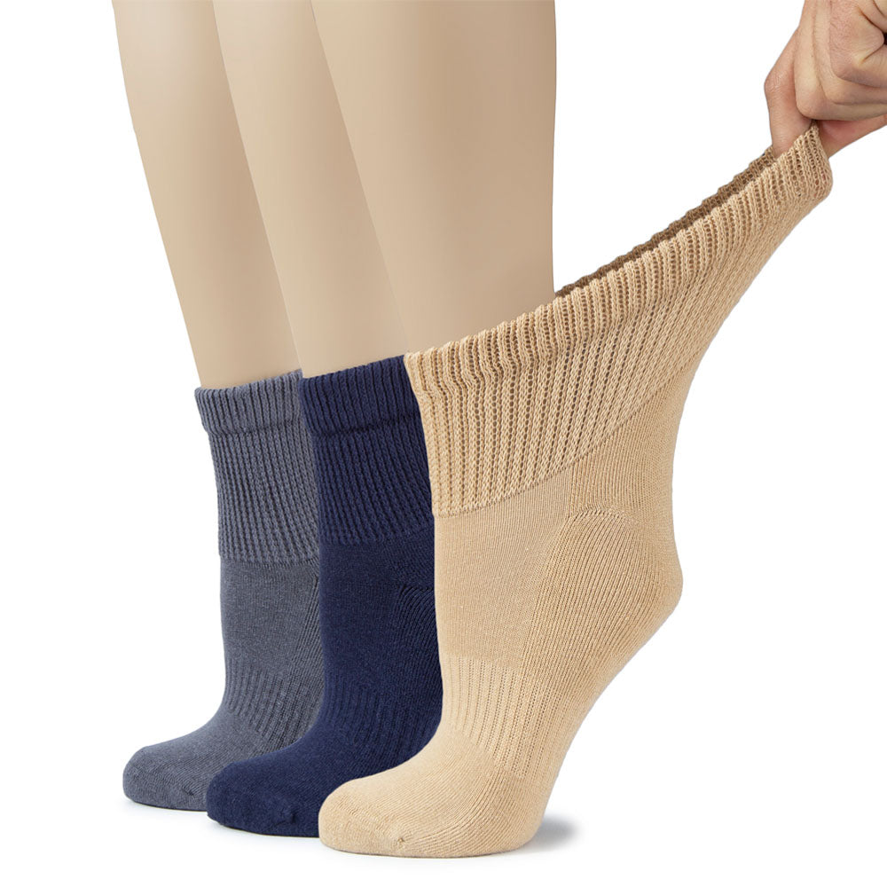 A trio of Women's Cotton Diabetic Ankle Socks in Grey, Navy Blue, and Beige hues.