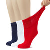 Three women's cotton diabetic ankle socks in patriotic red, white, and blue colors.