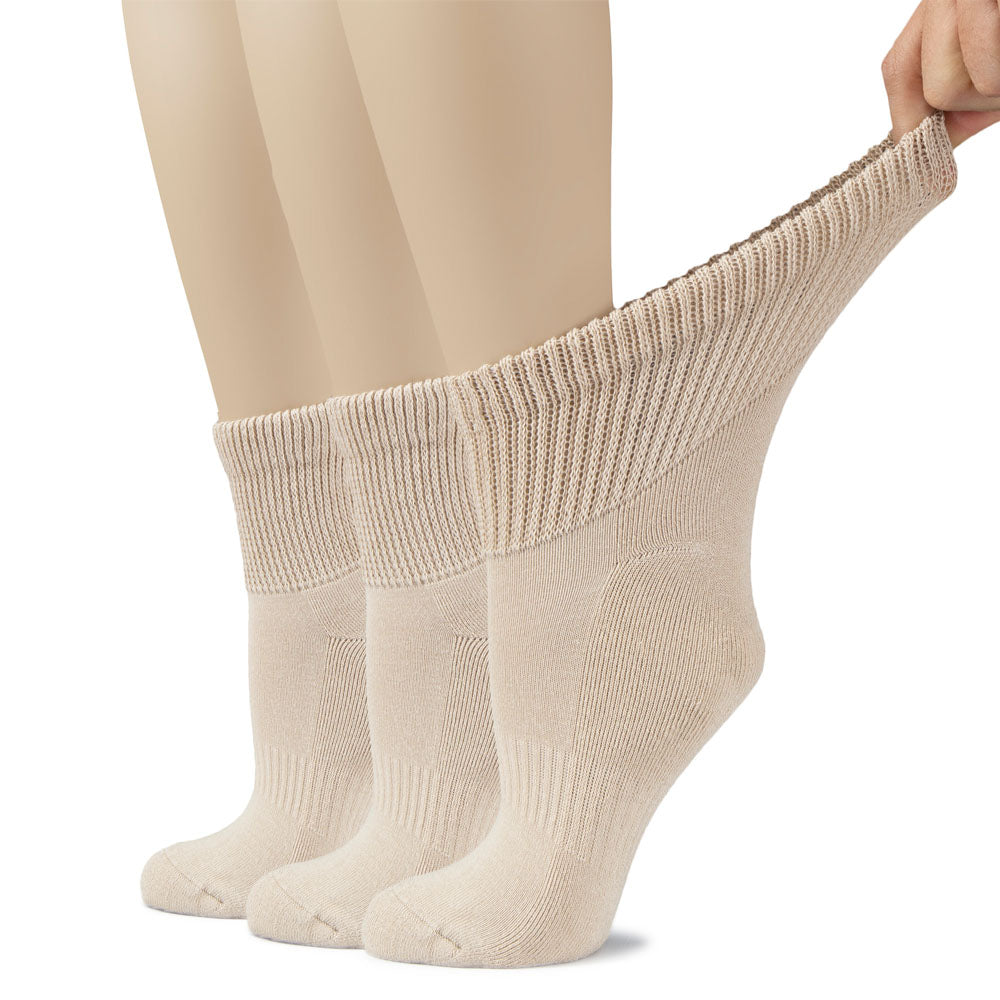 These Women's Cotton Diabetic Ankle Socks showcase the top of the foot on three, providing added comfort and breathability.