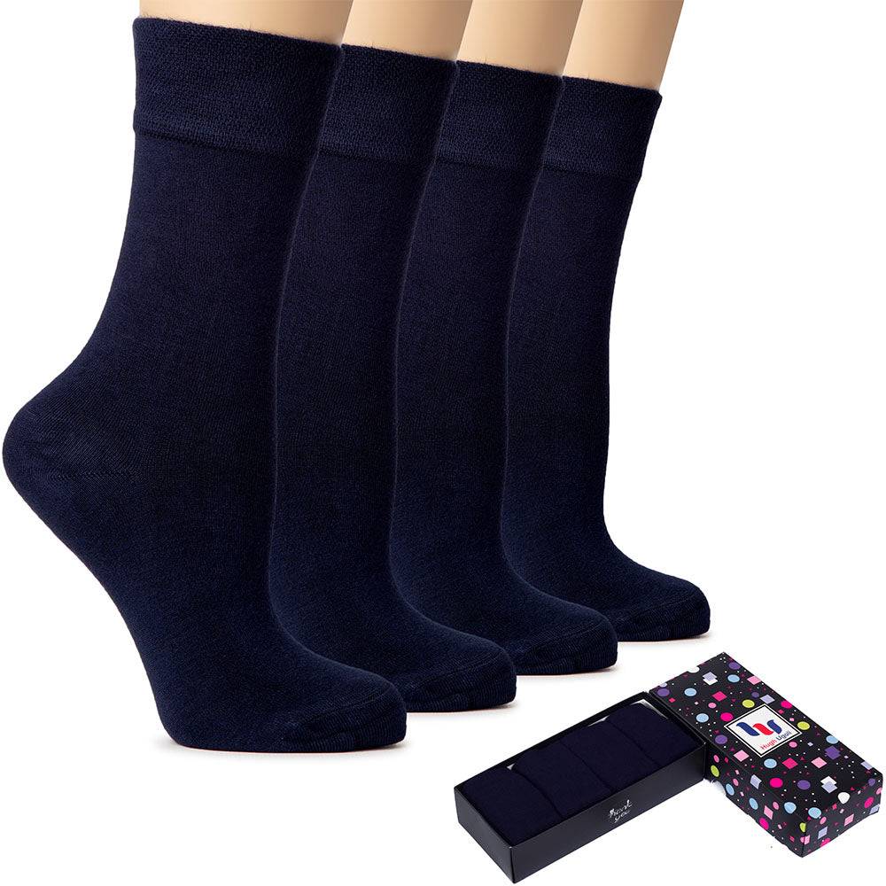 Image of two pairs of navy blue women's bamboo socks in a box. Perfect for keeping your feet comfortable and stylish.