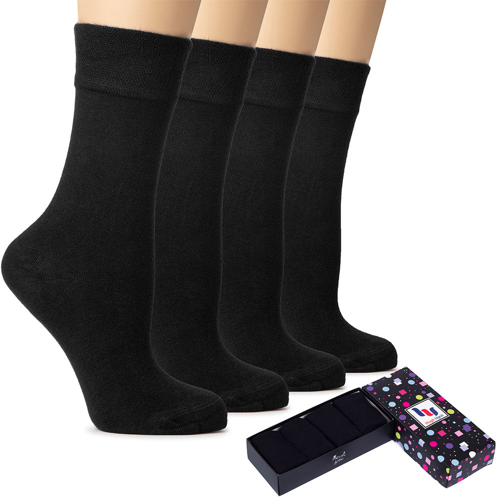 A box containing two pairs of black Women's Bamboo Socks, perfect for everyday wear and eco-conscious consumers.
