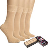 This image shows two pairs of women's bamboo socks in beige color, neatly packed in a box.