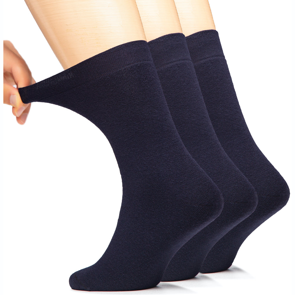 This image depicts three pairs of navy blue men's socks. The socks are made of cotton and have a full cushion for added comfort.