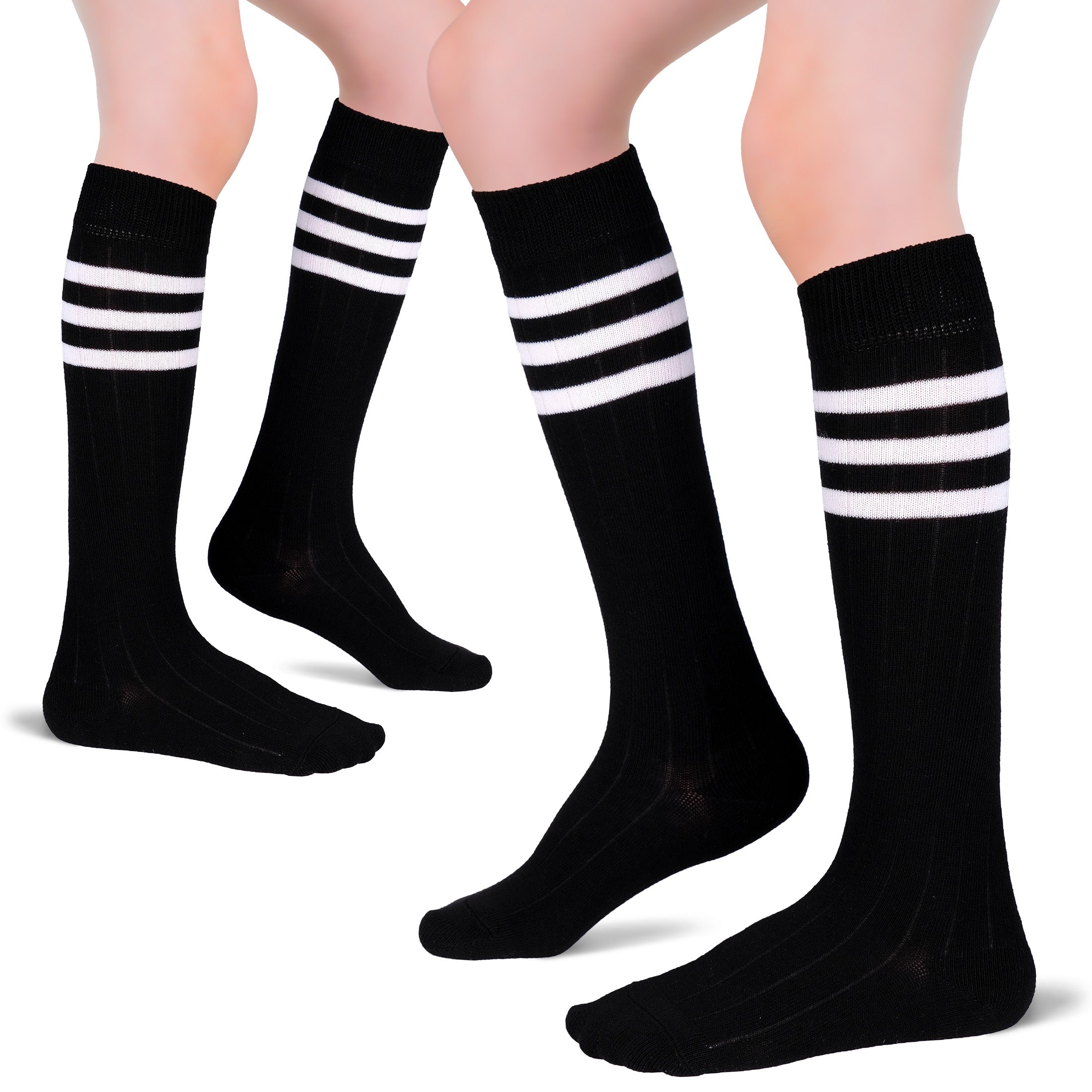These are Cotton Kids' Knee-High Socks with two pairs of black socks featuring white stripes. Perfect for any formal or casual occasion.