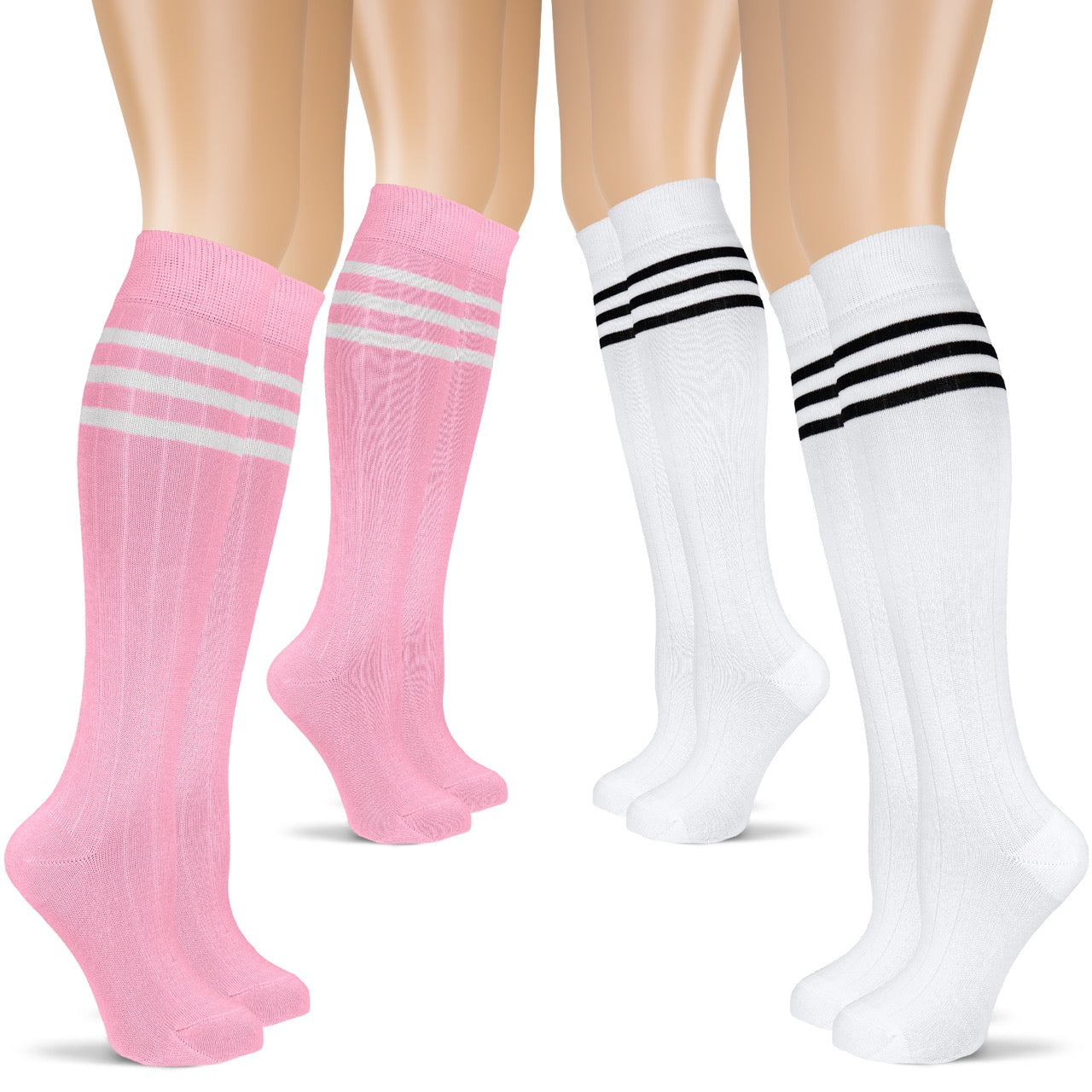 Women's Striped Cotton Dress Knee-High Socks, 4 Pairs