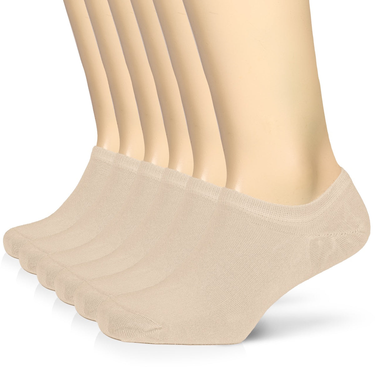 These Men's Bamboo No-Show Socks in beige are showcased on a mannequin, featuring three pairs for a versatile and eco-friendly addition to any wardrobe.