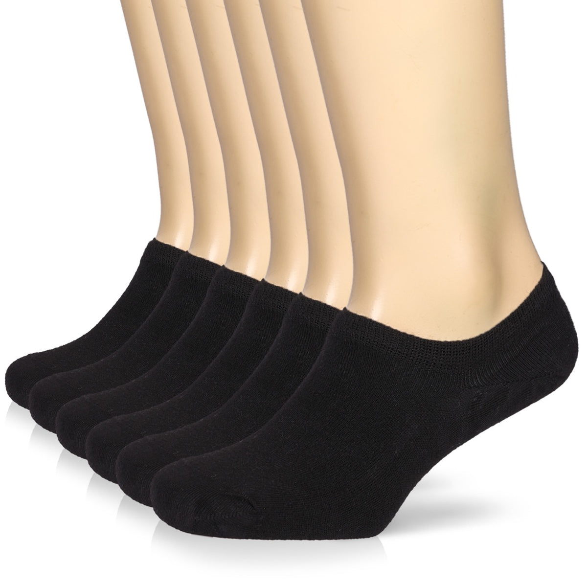 A mannequin displays three pairs of Men's Bamboo No-Show Socks in black, perfect for a comfortable and stylish look.