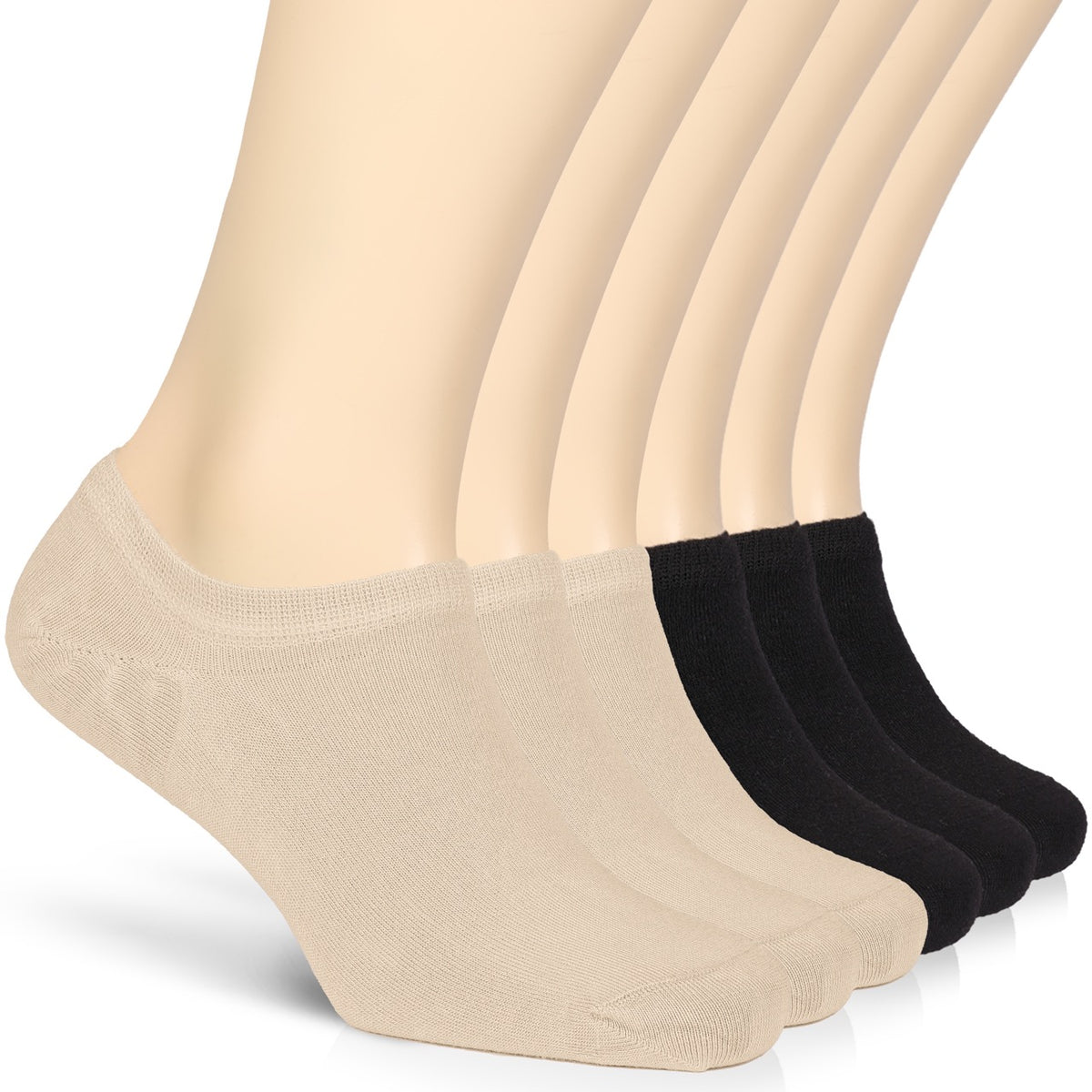 The picture showcases a collection of three pairs of no-show socks made of bamboo for women, available in black, beige shades.