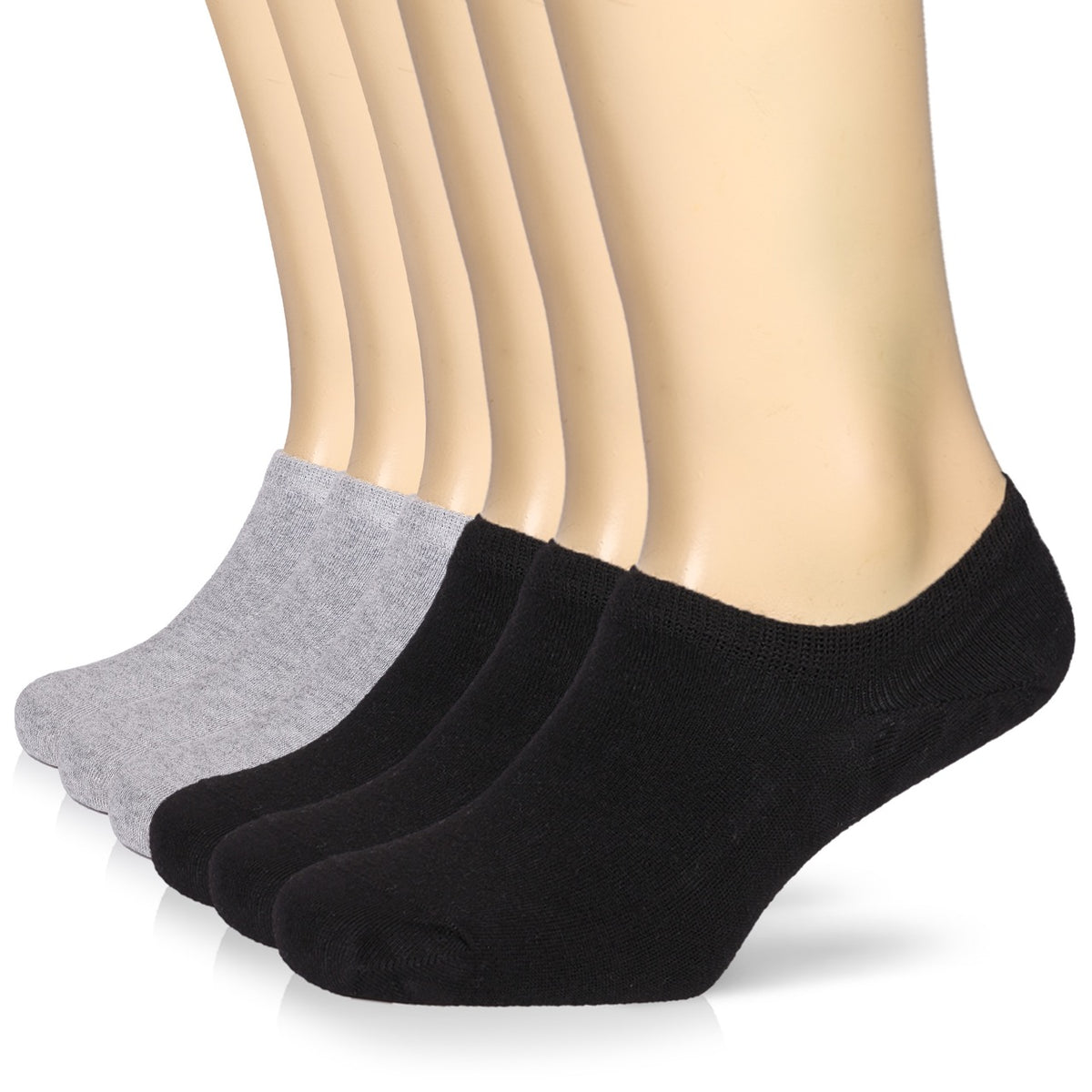 Three black and three gray Bamboo No-Show Men's Socks are displayed on a mannequin, offering a comfortable and sustainable choice for any outfit.