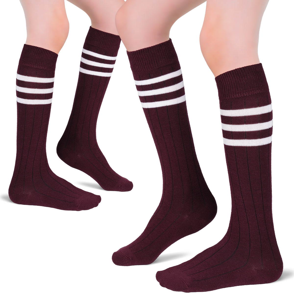Elevate your sock game with these Cotton Kids' Knee-High Socks, showcasing two pairs of maroon socks with white stripes.