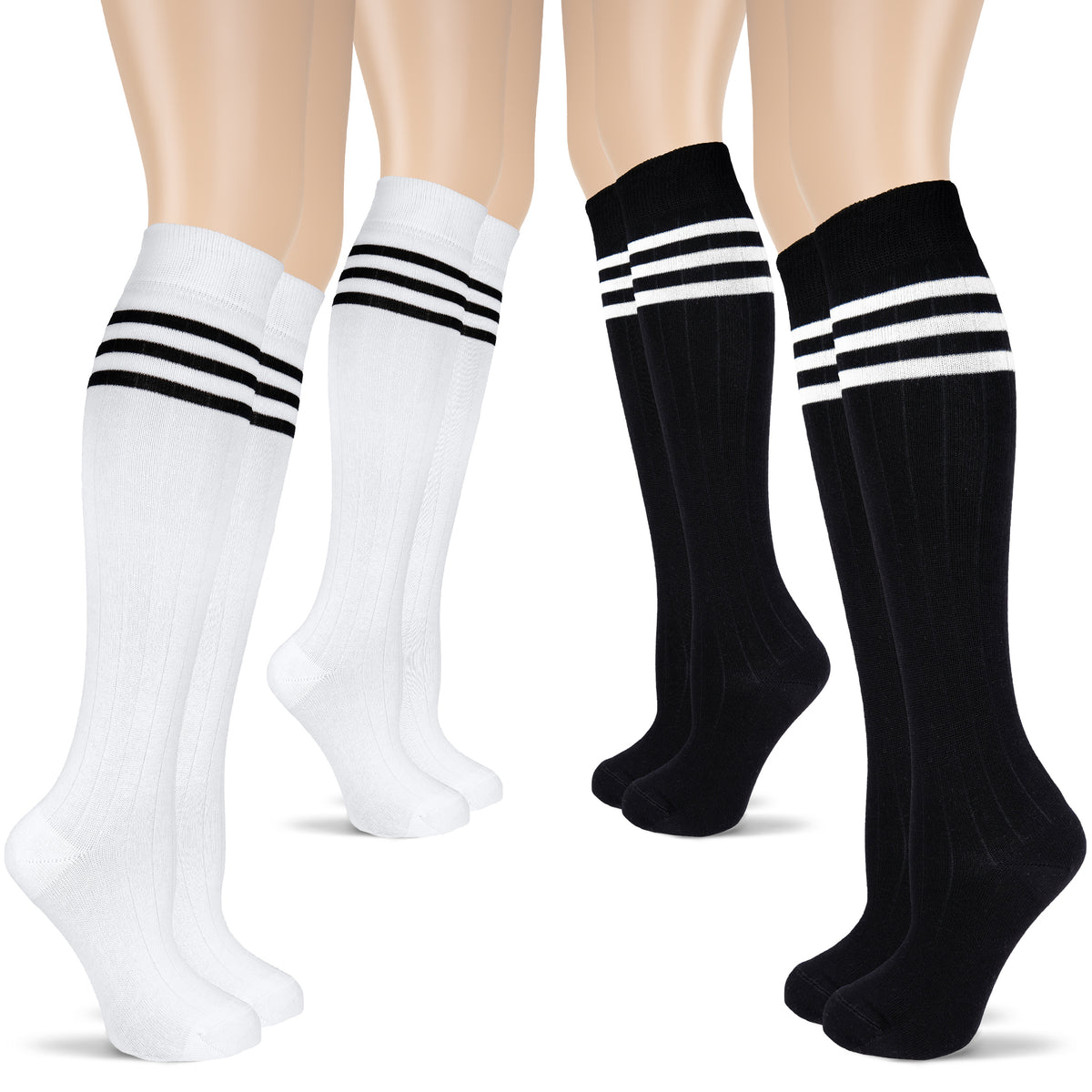 The picture shows four sets of women's knee-high socks, crafted from cotton. The socks are available in black striped white and white striped black patterns.