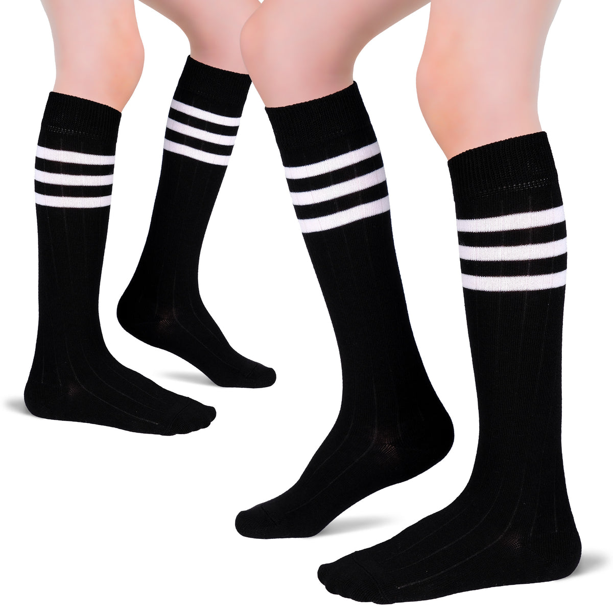 Elevate your child's wardrobe with these Cotton Kids' Knee-High Socks that include two pairs of black socks adorned with white stripes. A must-have for any fashion-conscious kid.