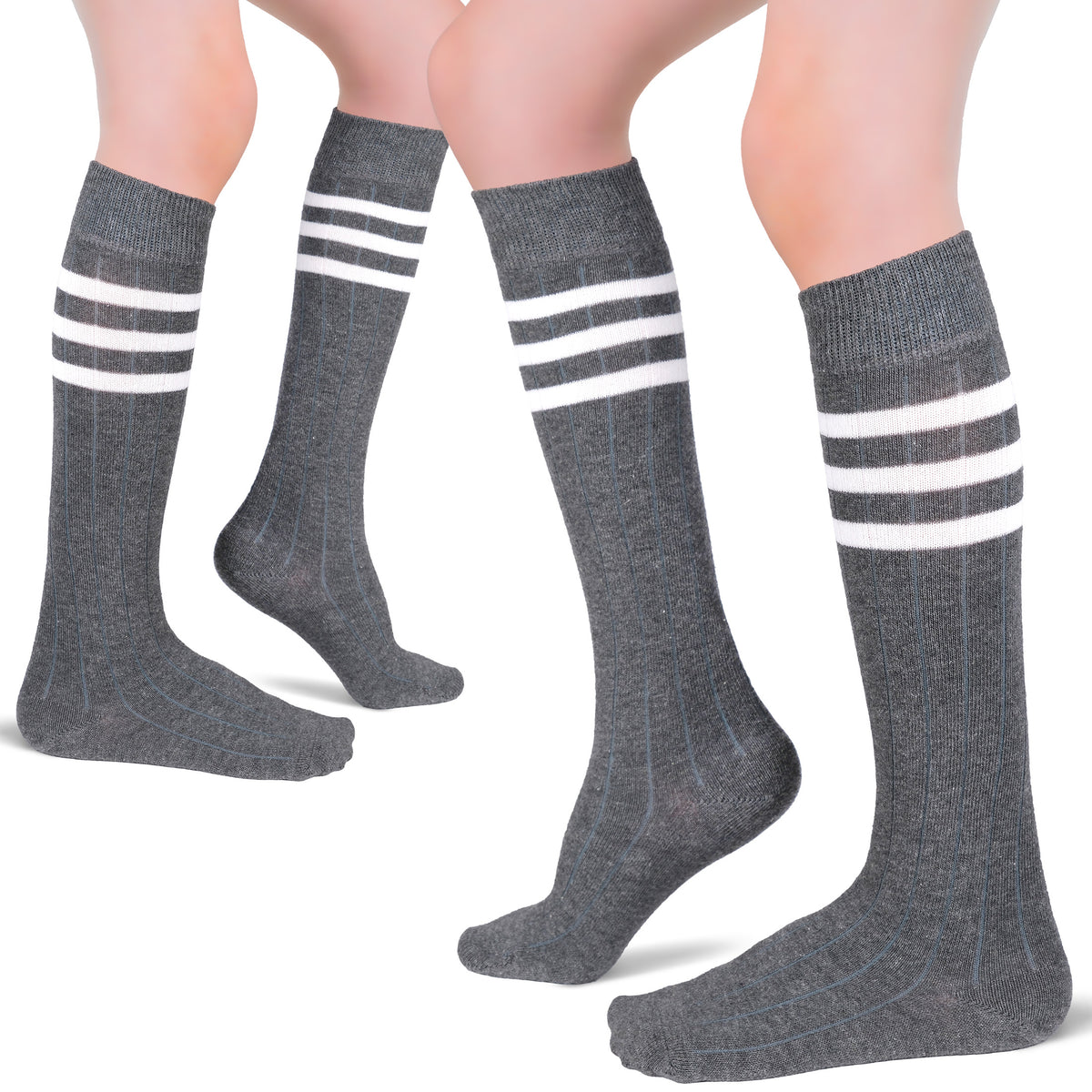 Two ladies are seen wearing Cotton Kids' Knee-High Socks in gray with white stripes in this image.