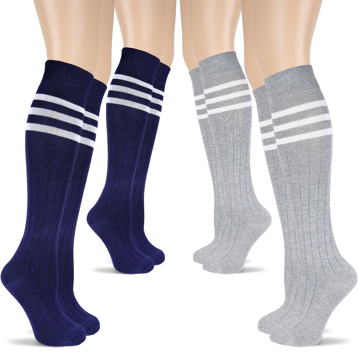 Blue and white stripes adorn these Women's Striped Cotton Dress Knee-High Socks, of which four pairs are shown in the image.