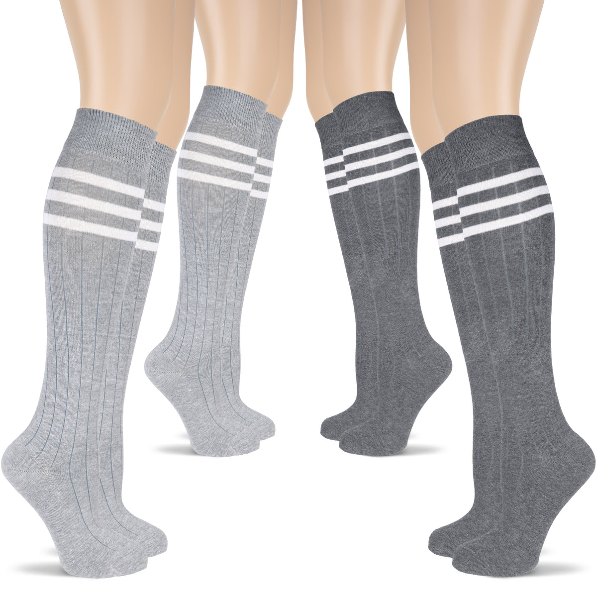 Elevate your sock game with these four pairs of women's knee-high socks, boasting white and gray stripes. Crafted from cotton for ultimate comfort.