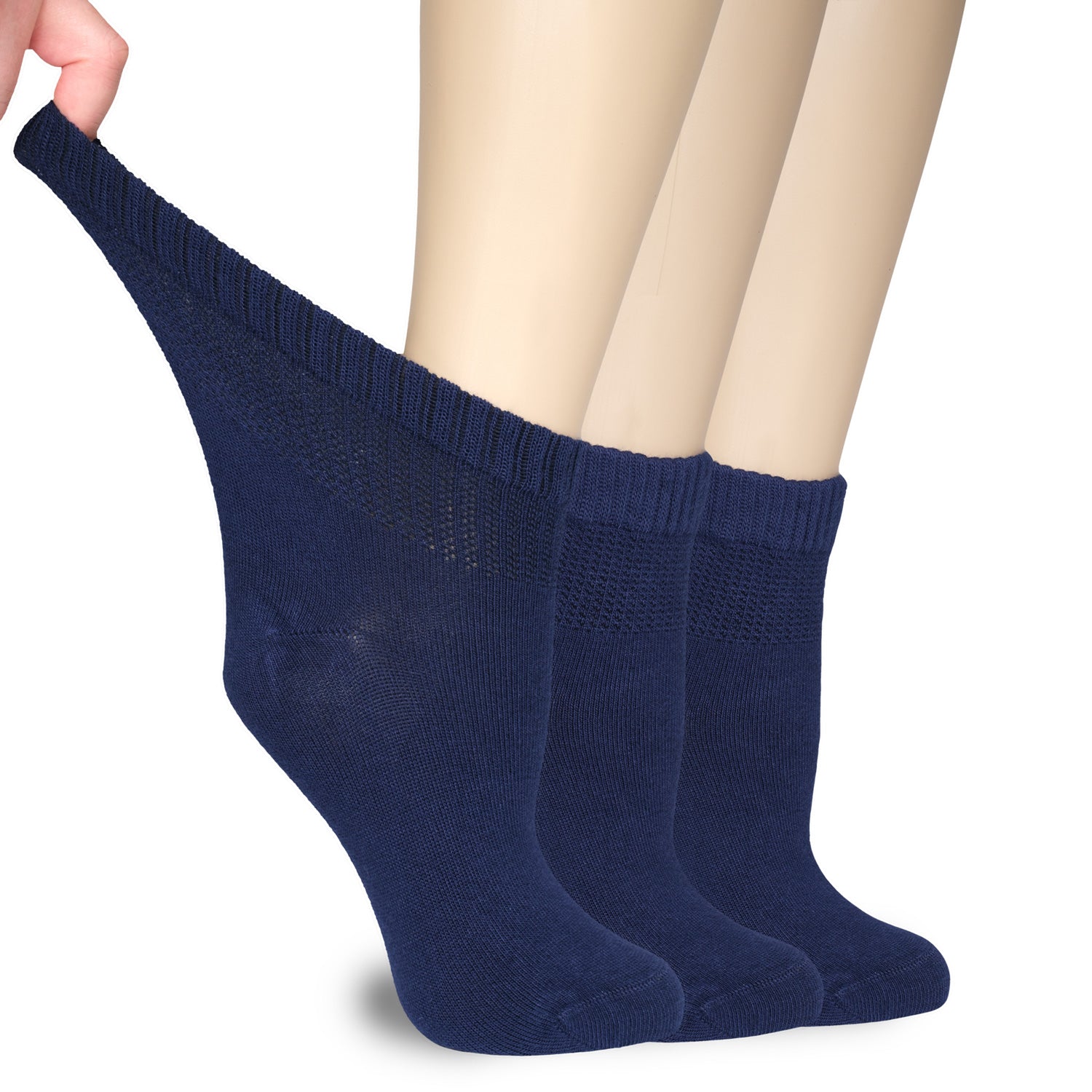 Three navy blue women's diabetic bamboo ankle socks, designed for comfort and support.