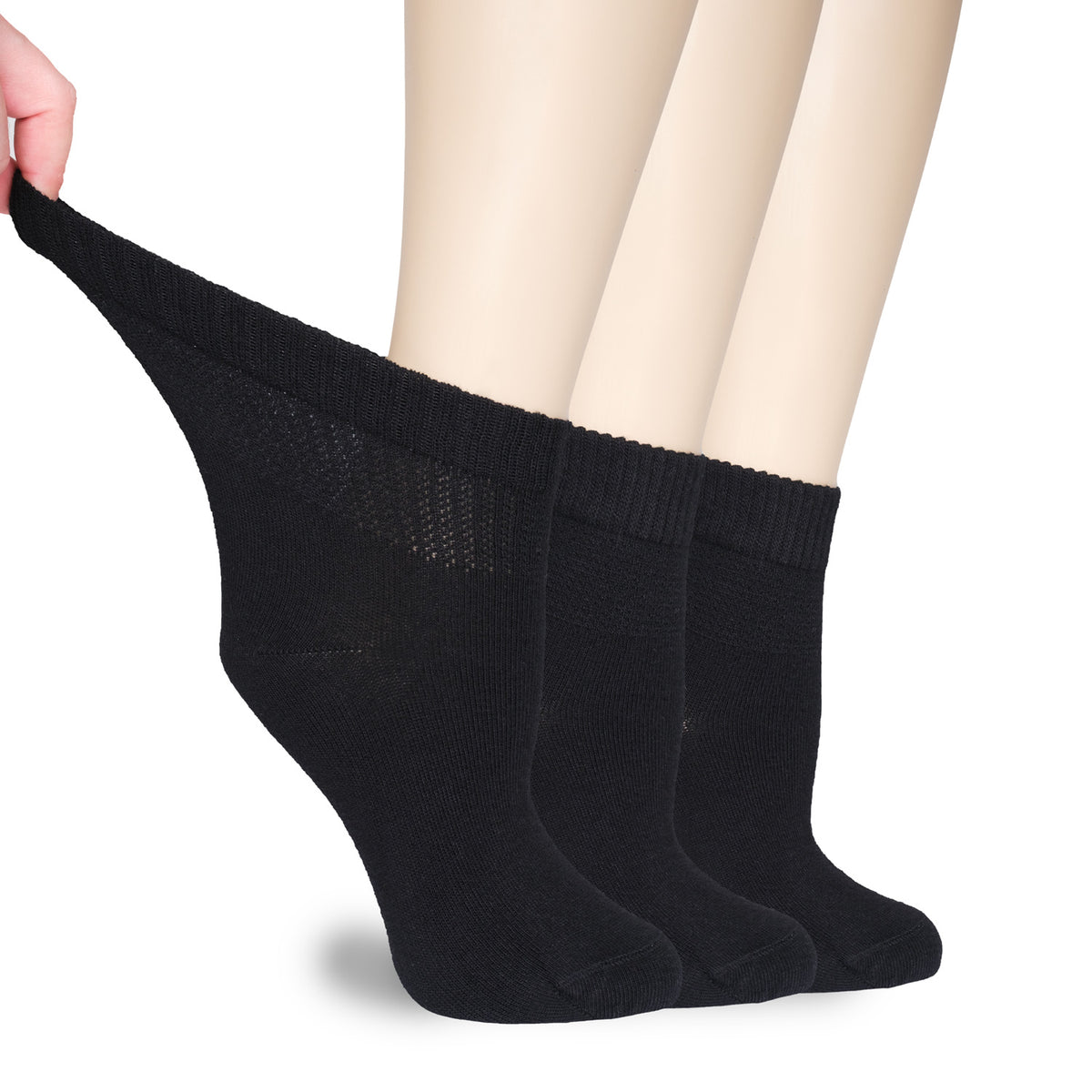 A black Women's Diabetic Bamboo Ankle Socks, perfect for women's feet. The socks are made of bamboo material, which is gentle on sensitive skin.