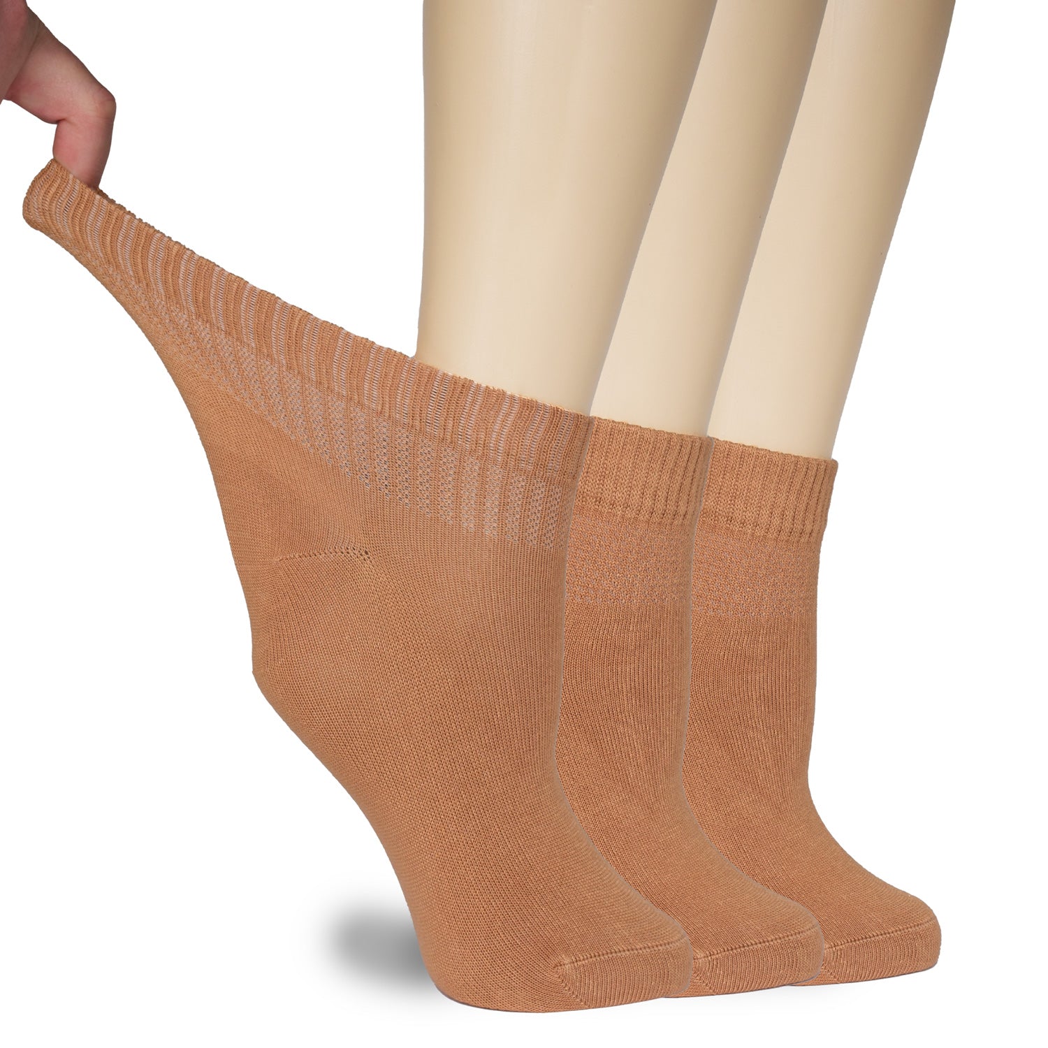 Three Women's Diabetic Bamboo Ankle Socks, featuring exposed legs for optimal comfort and breathability.